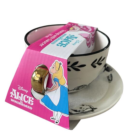 Disney ALICE IN WONDERLAND Teacup with Saucer 16oz Mug Black & Gold New - Picture 7 of 14